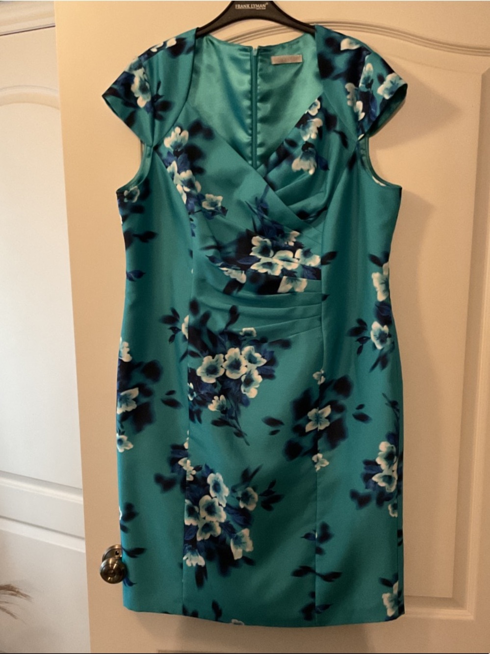 Jacques Vert Floral Teal Cap-Sleeve Sheath Dress